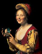 Gerard van Honthorst Smiling Girl, a Courtesan, Holding an Obscene Image Spain oil painting artist